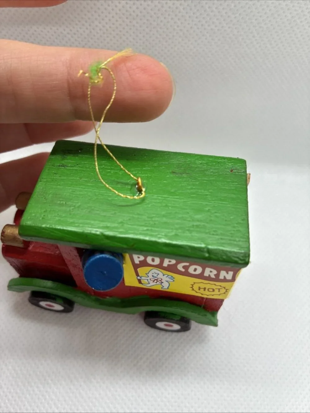 Vintage Wooden Popcorn Wagon Christmas Ornament Handcrafted Train Cart
